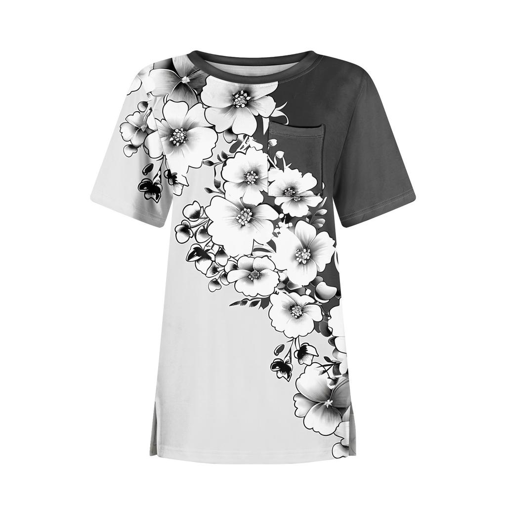 T-Shirts für Damen, Rundhalsausschnitt, elegante, lässige Blusen, bedruckt, kurzärmelig, Sommeroberteile, lockere Passform