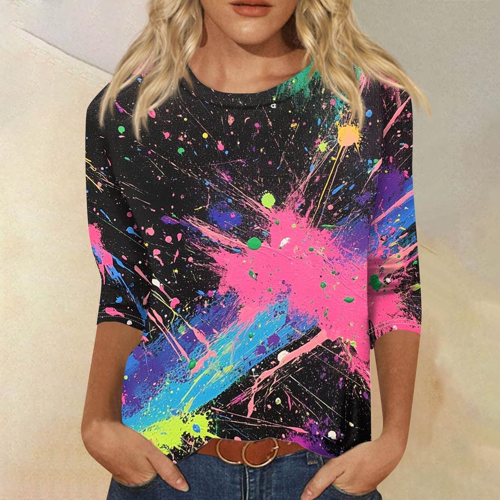 Женская модная повседневная футболка с рукавом семь восьмых, принтом и круглым вырезом