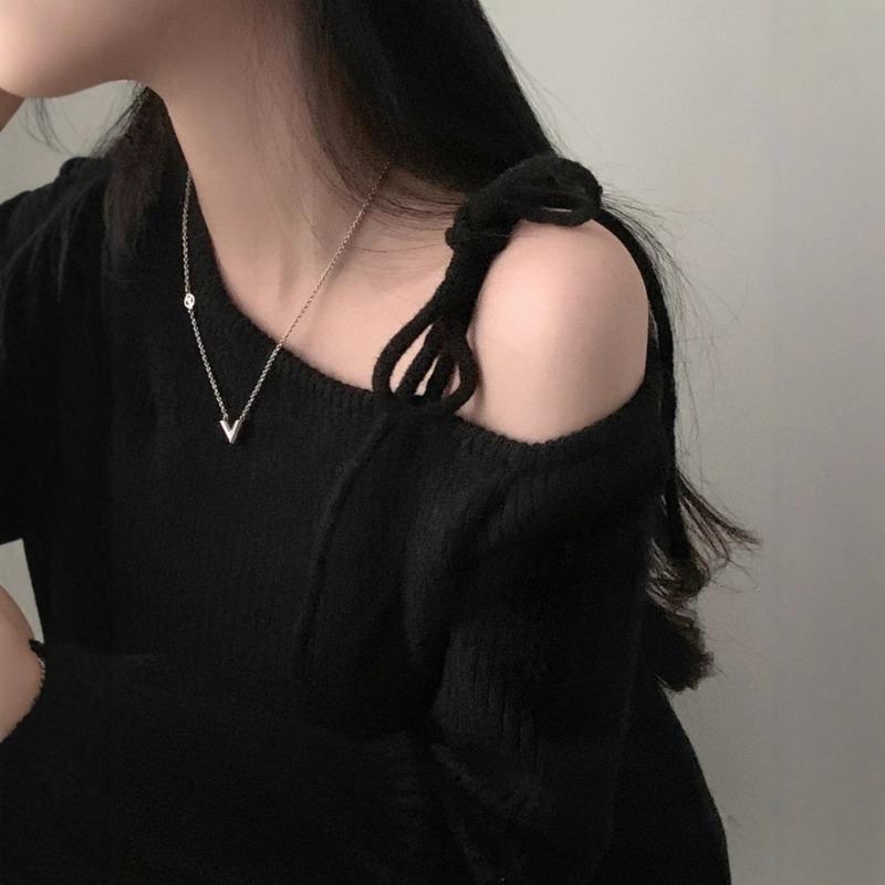 Красные вязаные свитера на одно плечо со шнуровкой для женщин в японском стиле, короткие топы для девочек, женские шикарные пуловеры длиной до плеч с длинными рукавами