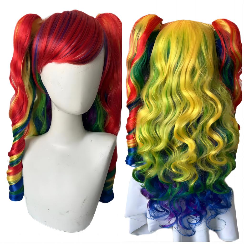 Парик для косплея аниме Лолита, смешанные цвета, длинные вьющиеся волосы с зажимом в 2 хвостика, парики из полных волос, костюм для вечеринки