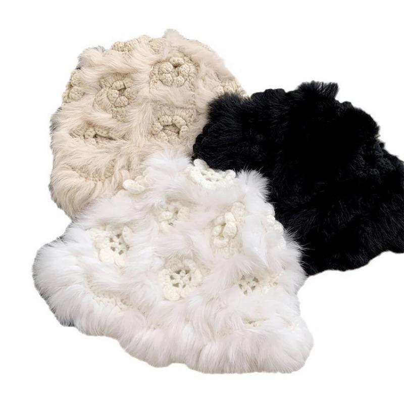 Women Winter Thick Warm Knit Fisherman Hat White Rabbit Fur Small Face Cap
