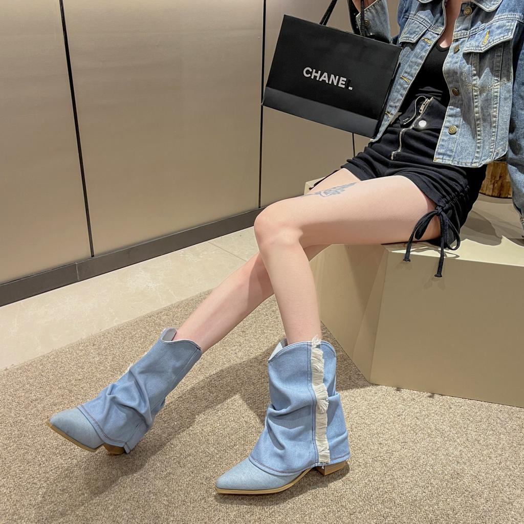 Европейские и американские остроносые ковбойские сапоги в западном стиле женские 2025 с бахромой, сапоги-трубы, толстый каблук, большой размер, рукав, короткие сапоги, женские ретро-западные