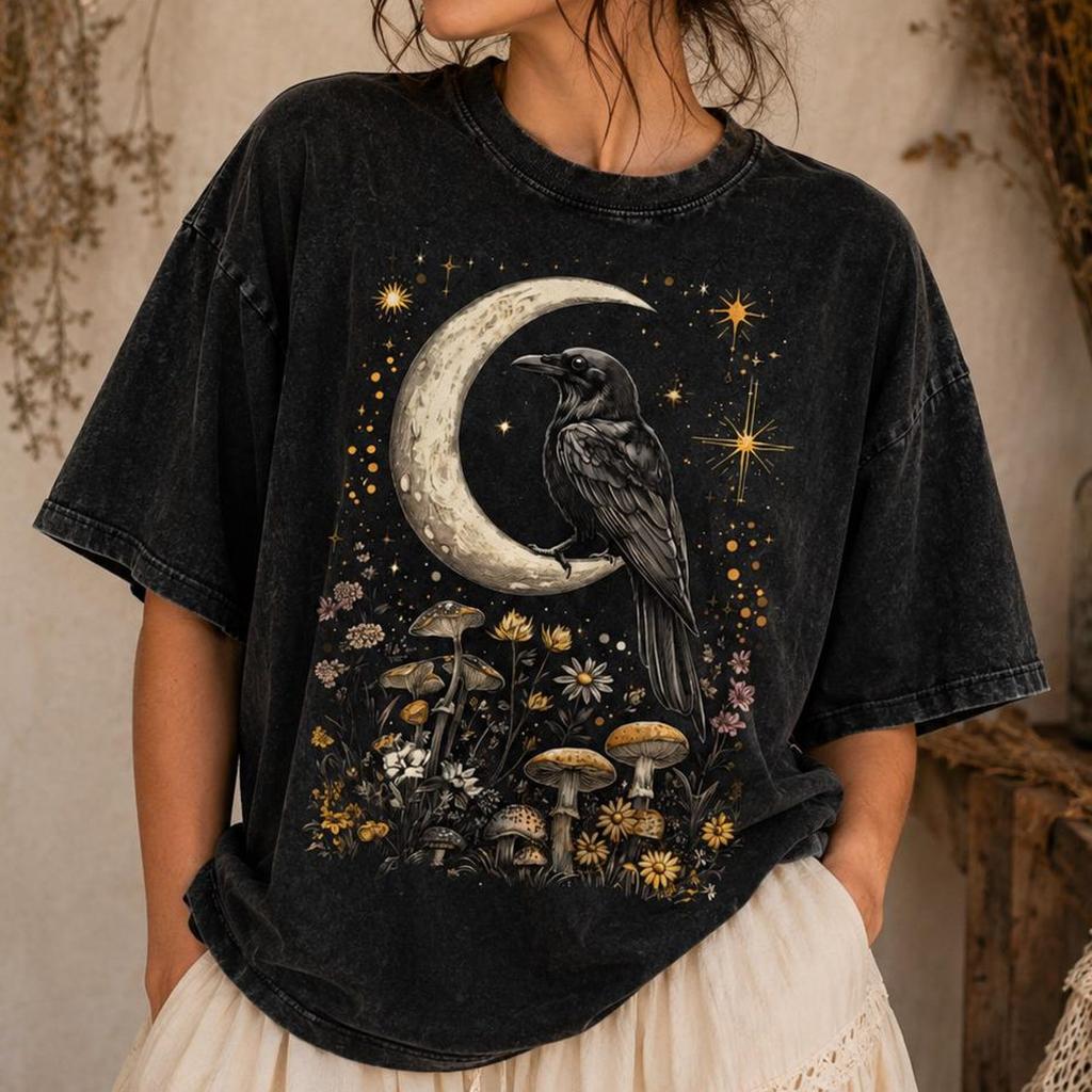 Футболка Raven Moon и детская футболка, Готическая футболка с изображением ворона, Темная футболка в стиле cottagecore и детская футболка, Мистический топ с грибами, Подарок в стиле witchy nature