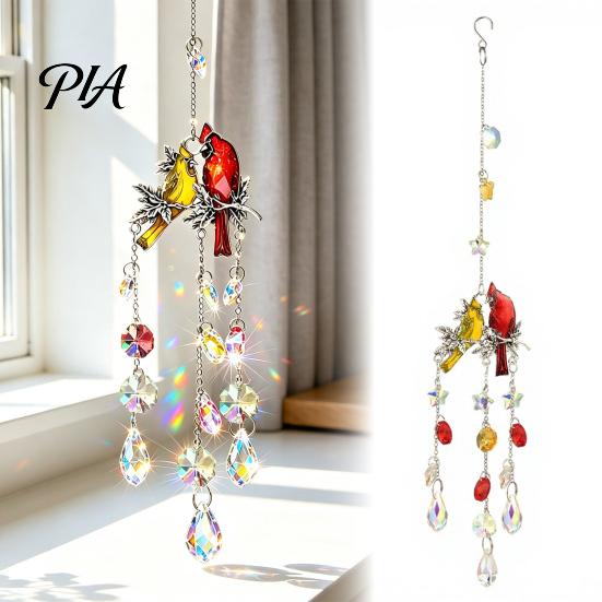 Indoor Outdoor Hanging Decor Cardinals Faux Crystals Suncatcher, Sun Catcher for Windows, Bird Wind Glass Patio Chimes with Chain, Prism Rainbow Maker