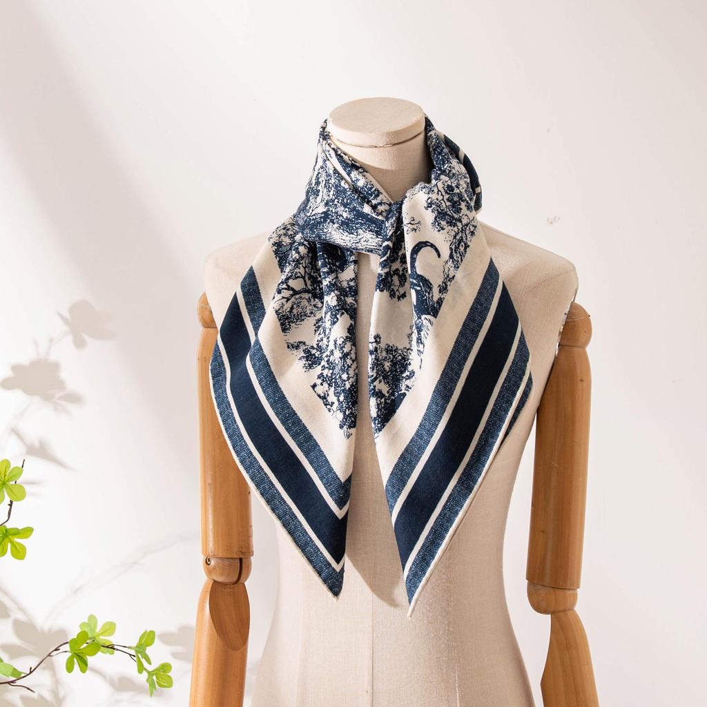 Retro Blue & White Silk Wool Double-Sided Scarf - Elegant Large Square for Autumn/Winter