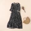 Black Printed Dress Summer Thin V-Neck Drawstring Women Maxi Long Dress Vintage Bohemian Pleated Vestidos Lapel