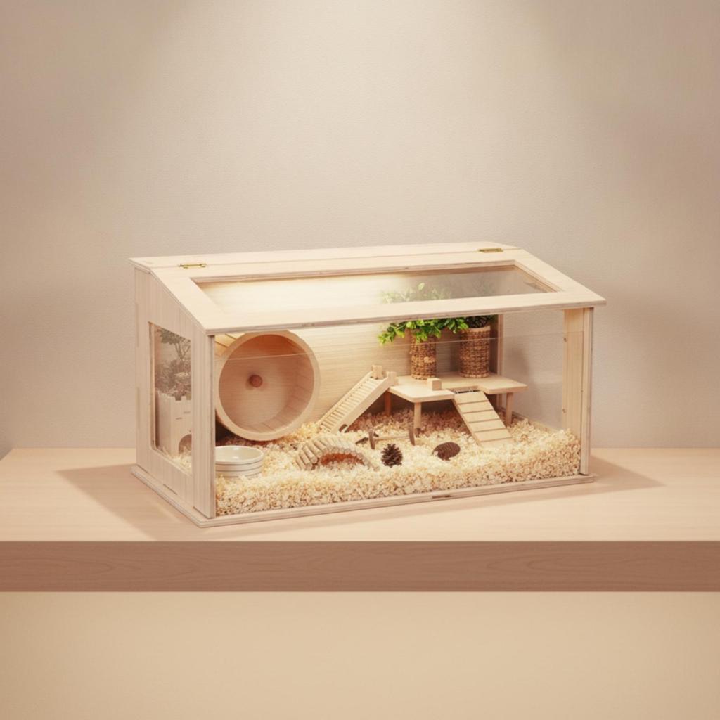 Ventilated Small Pet Habitat with Natural Wood Construction and Viewing Panels