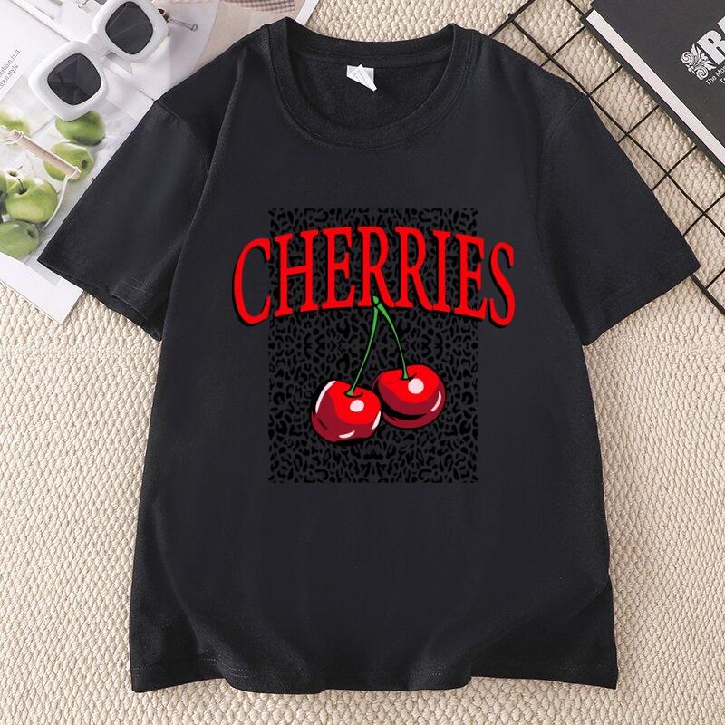 Unisexs Cherries Print Short Sleeve Tshirt Leopard Printing Tshirt Casual Round Neck Tees Ladies Clothes for Daily Wear