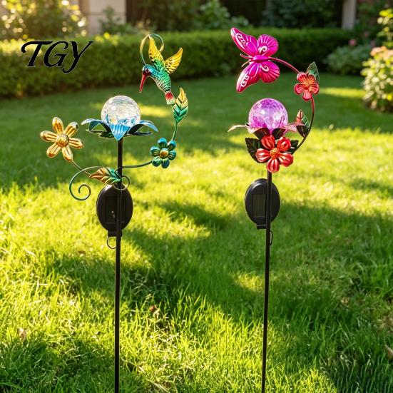 Outdoor Solar Garden Lights Glass Cracked Ball Light, Butterfly Hummingbird Metal Nature Inspired Accents Stake Waterproof Yard Lamp for Patio