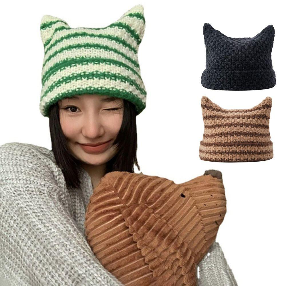 Winter Women's Hats Cute Cat Ears Knitted Wool Cap Japanese Beanie Hat Ins Little Devil Striped
