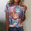 Cute Cat Print Women T-Shirt Harajuku Vintage Short Sleeved Tees O Neck Funny Tee Top Oversized Female Clothing