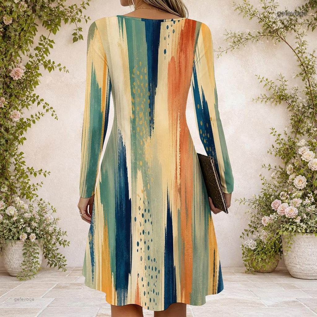 Women Criss Cross V Neck Long Sleeve Abstract Printed Casual Dress Curved Hem