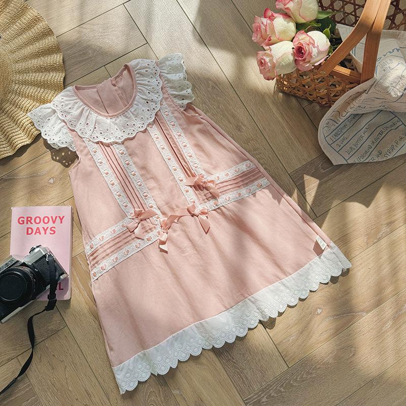 Girls Summer Heavy Lace Collar Sleeveless Princess Dress Elegant Floral Trim Party Vest Dress For Kids