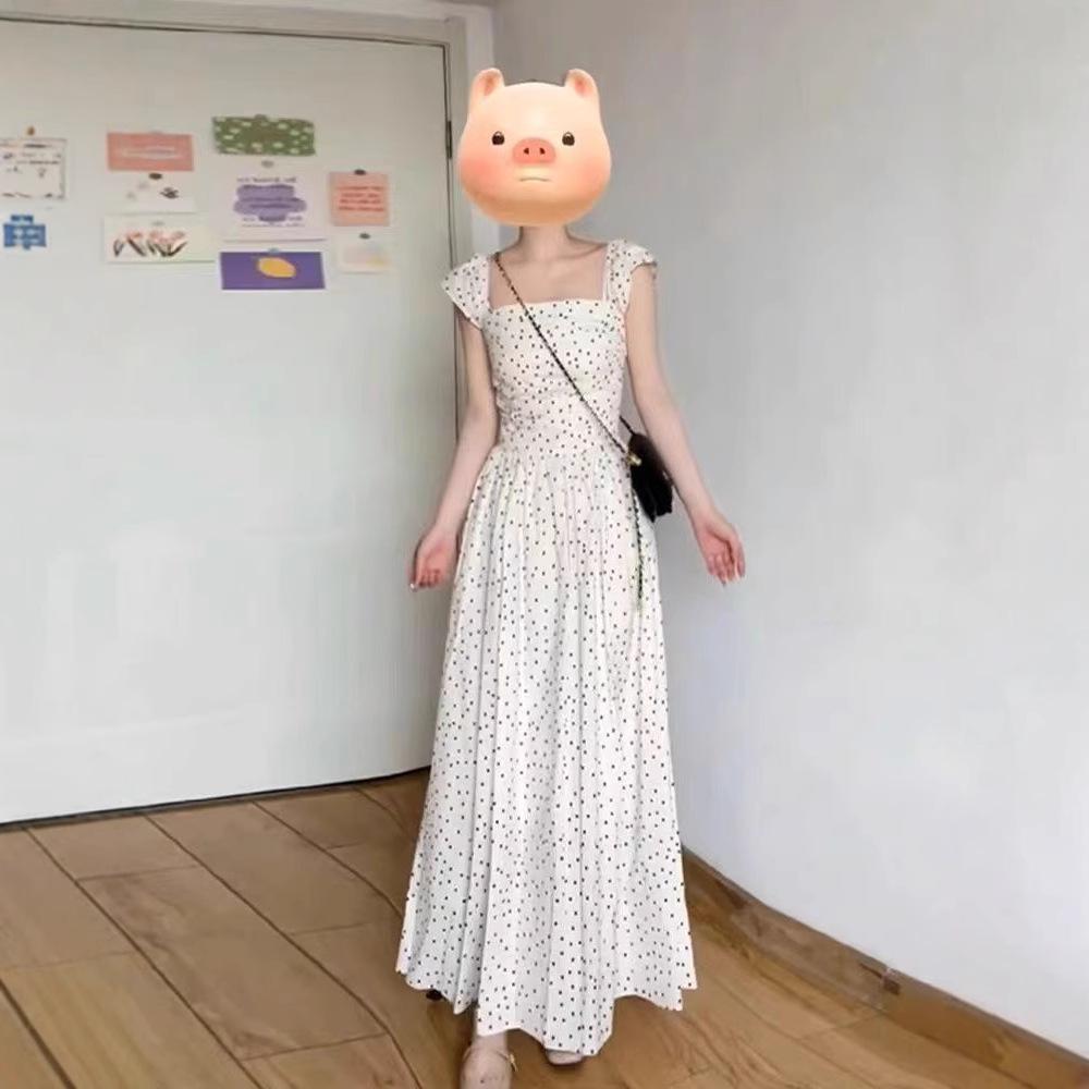 Летнее длинное платье с квадратным вырезом и рукавами-буфами в французский горошек для женщин