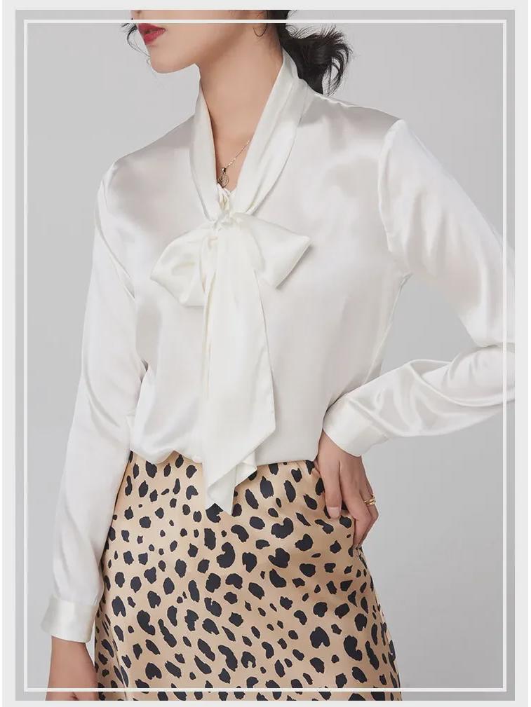 Women's Early Spring Mulberry Silk Satin Blouse with Bow - Long Sleeve