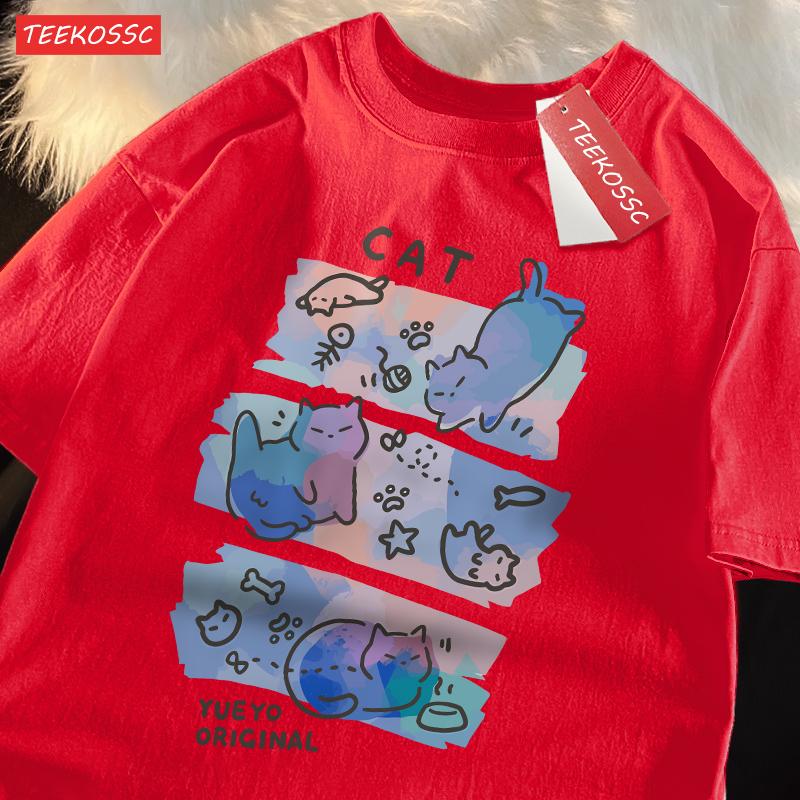 Colorful Three Cats Trendy Loose And Breathable Pure Cotton Summer Short Sleeved T-shirt Men Women Dreamy Fun Cat Cute Clothing