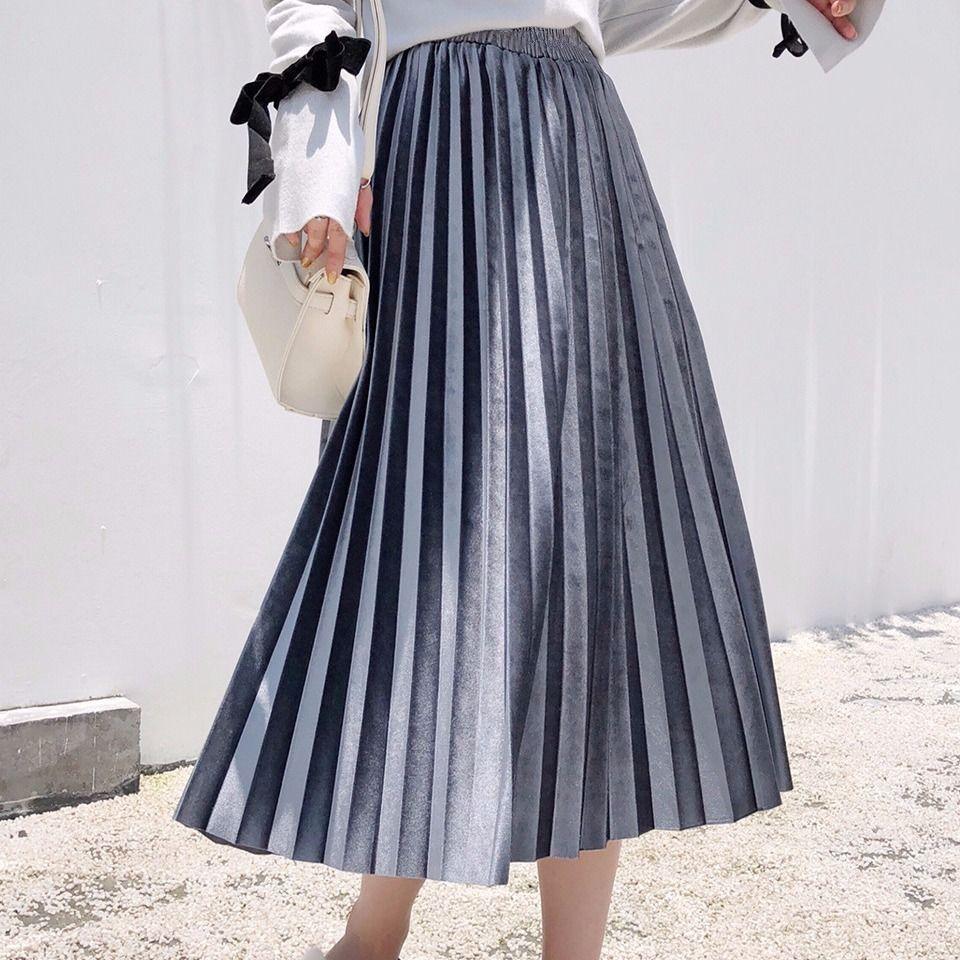 Student Velvet Female Skirt Pleated Spring And Autumn Korean Version High Waist Skirt Medium Length Slim Long Dress Female Trend