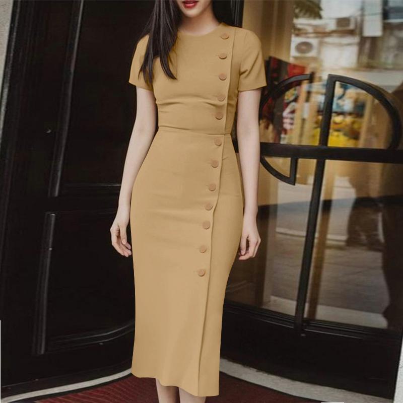 ZANZEA Женские элегантные платья с круглым вырезом и коротким рукавом