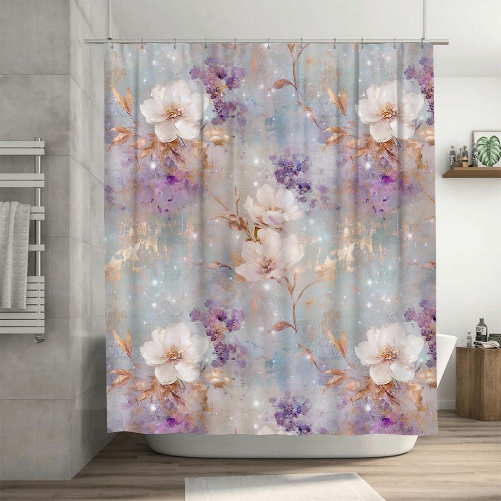 Bathroom curtain with floral design made of waterproof fabric for easy cleaning in your home or hotel bathroom decor white purpl