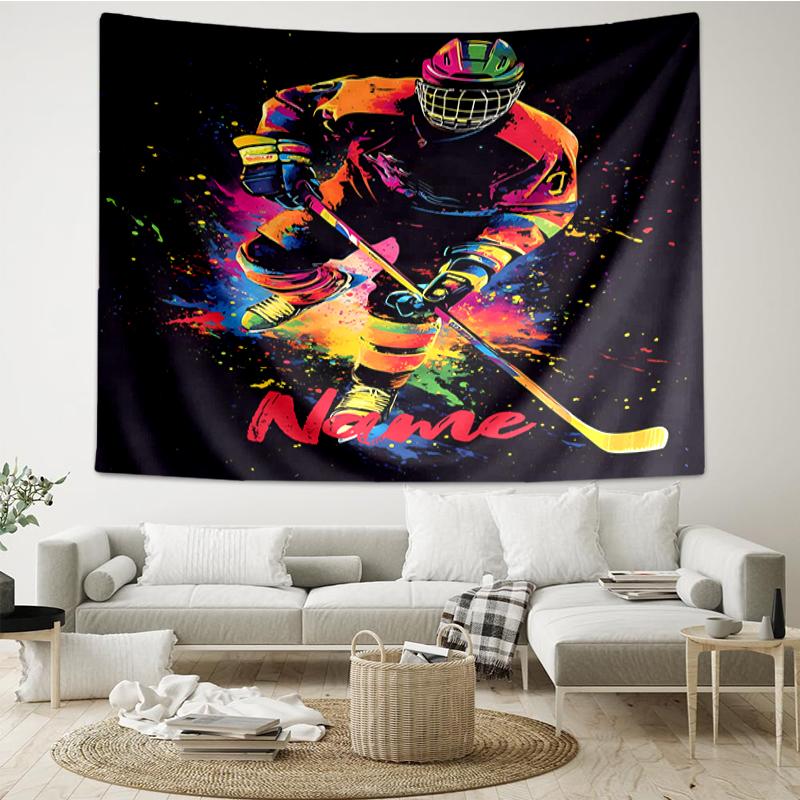 Custom Name ice hockey Print Tapestry, Backdrop, Easy Setup, Ideal for Bedroom, Office & Living Room, with Aesthetic Wall Hanging Decor.