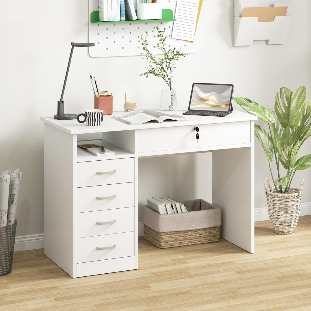 Desk for Bedroom or Office in Wood with 2 Drawers and 2 Keys, 110x50x76cm - White