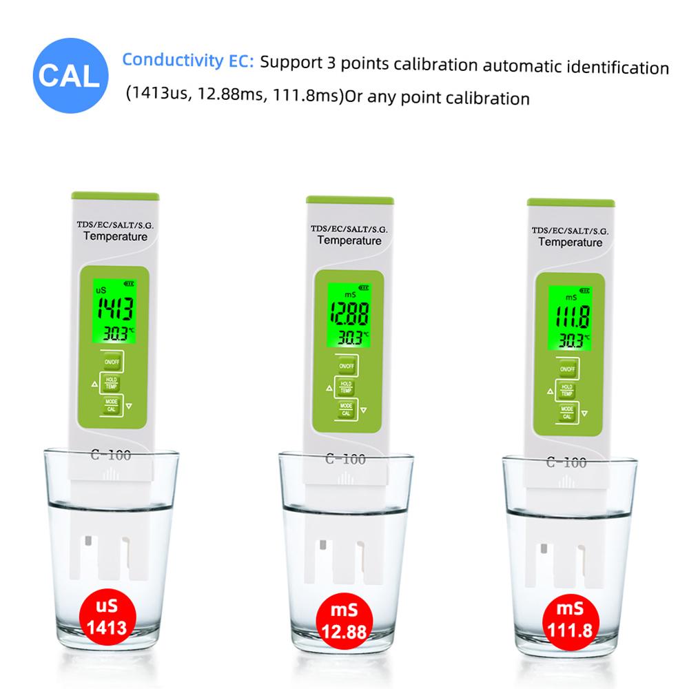 5 In 1 TDS EC SALT S.G. Temperature Meter Digital Water Quality Monitor Tester for Pools Drinking Water Aquariums with