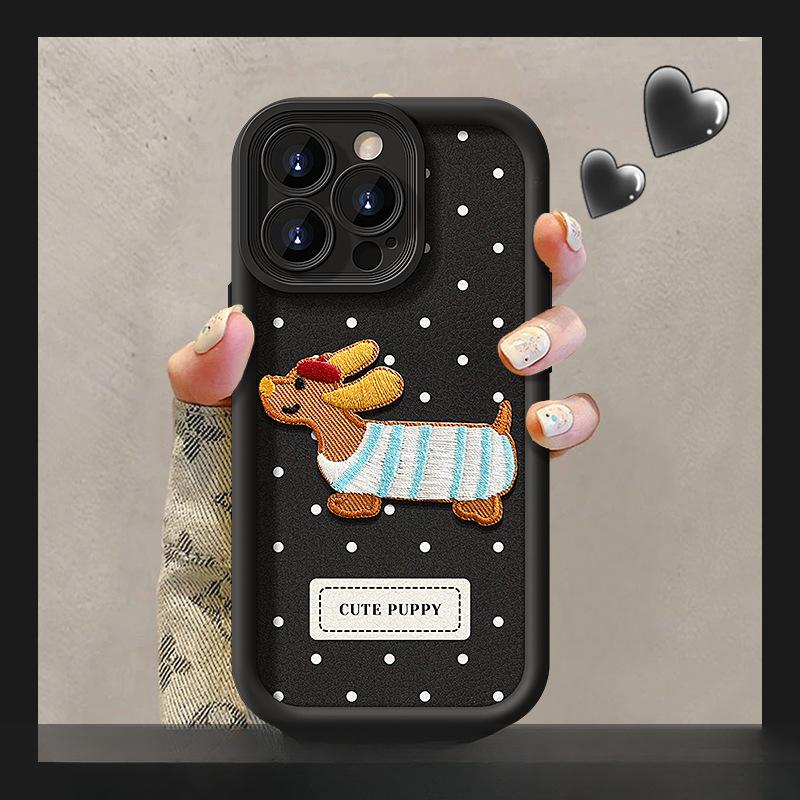 Polka Dot Embroidered Puppy Lanyard Suitable for Apple 13PROMAX Mobile Phone Case Iphone16 Lambskin 15 Silicone 14