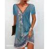 Summer V Neck Floral Printed Dress for Women Vintage Casual Loose Fit Short Sleeve Comfortable Elegant Beach Dress S-5XL