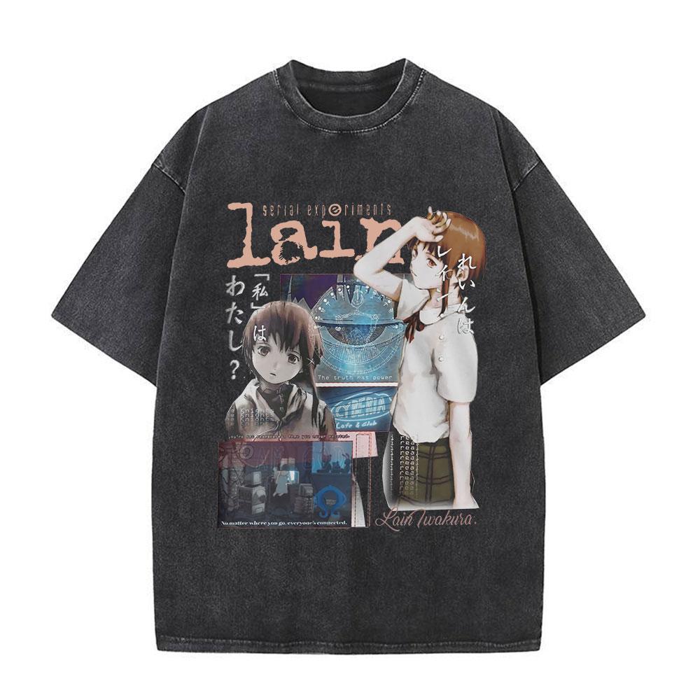 Serial Experiments Lain Anime Vintage Washed T-Shirt Manga Iwakura Girl Sci Fi Short Sleeve T-shirts 100% Cotton Casual T Shirt