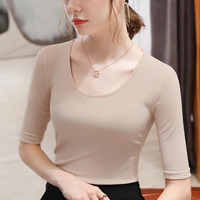 Женская новая женская одежда с большим круглым вырезом, сетчатая футболка, однотонный топ