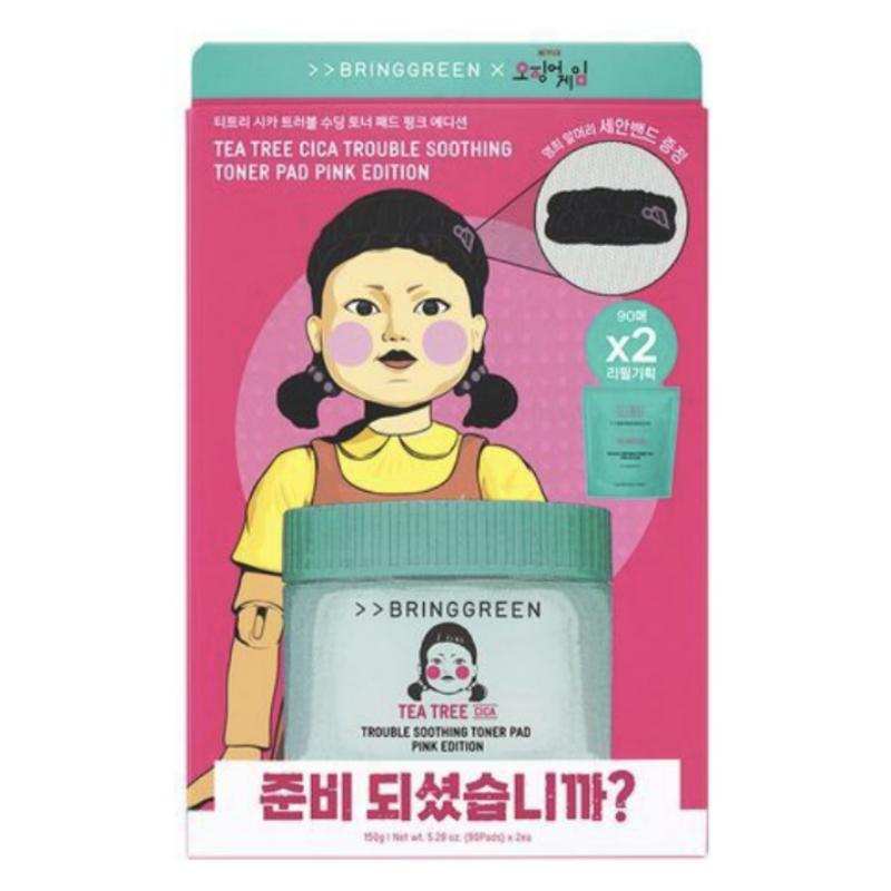 [BRINGGREENxSquid game] Успокаивающий тонер Tea Tree Cica, розовая версия, 90 шт., сменный блок, 90 шт., Squid Game2 Young Hee, очищающая повязка для лица