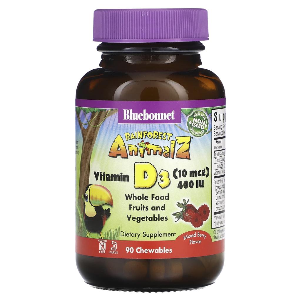 Bluebonnet Nutrition, Rainforest Animalz, Витамин D3, Натуральный вкус смешанных ягод, 400 МЕ, 90 жевательных таблеток