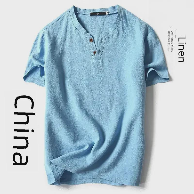 Мужская льняная футболка свободного кроя с V-образным вырезом - ретро, с короткими рукавами, однотонная, большого размера