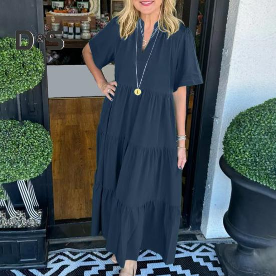 Женское платье миди с V-образным вырезом, летнее повседневное платье макси с коротким рукавом, струящееся многоярусное пляжное платье в стиле бохо для отпуска