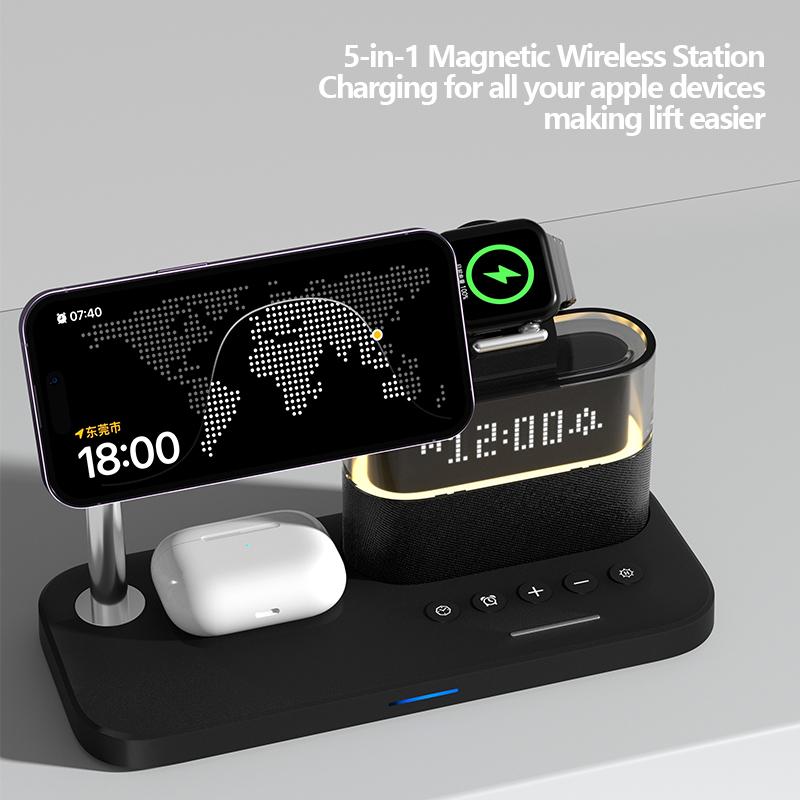 5 in 1 Wireless Charging Phone Holder Earphone Charger Multifunctional RGB Light Stong Magnetic Digital Alarm Clock