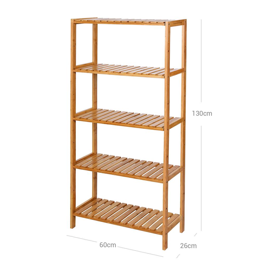 SONGMICS BCB35Y Bathroom Kitchen Storage Bamboo 5 Shelves Adjustable Floor Height Flower Stand Book Shelf natural, 60 x 26 x 130 cm