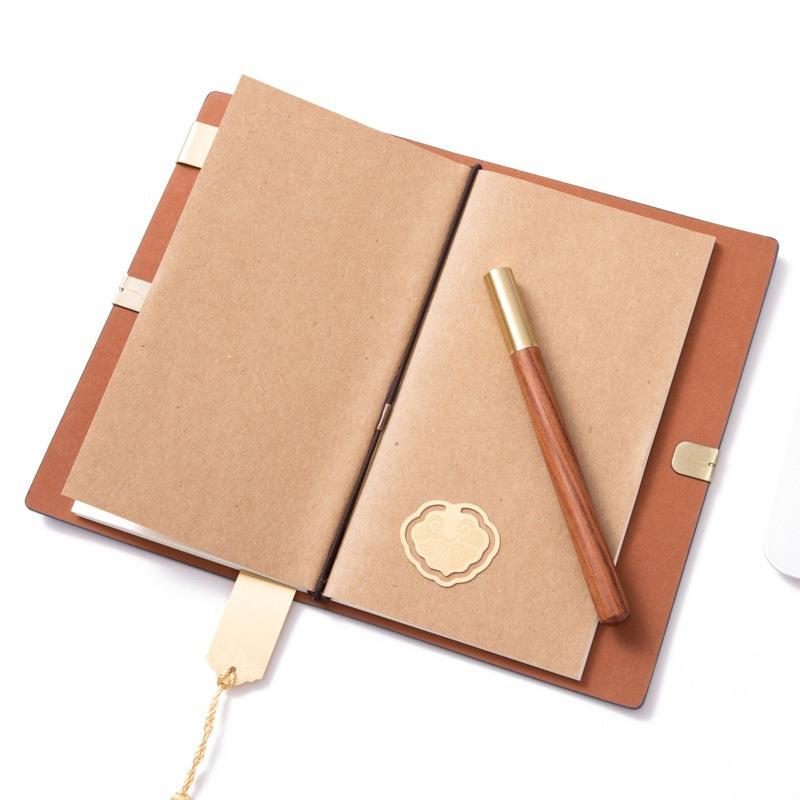 A6 Faux Leather French Fold Redwood Pen Light Guofeng Loose-Leaf Notebook 100 Sheets Business Gift Box Set Custom Strap