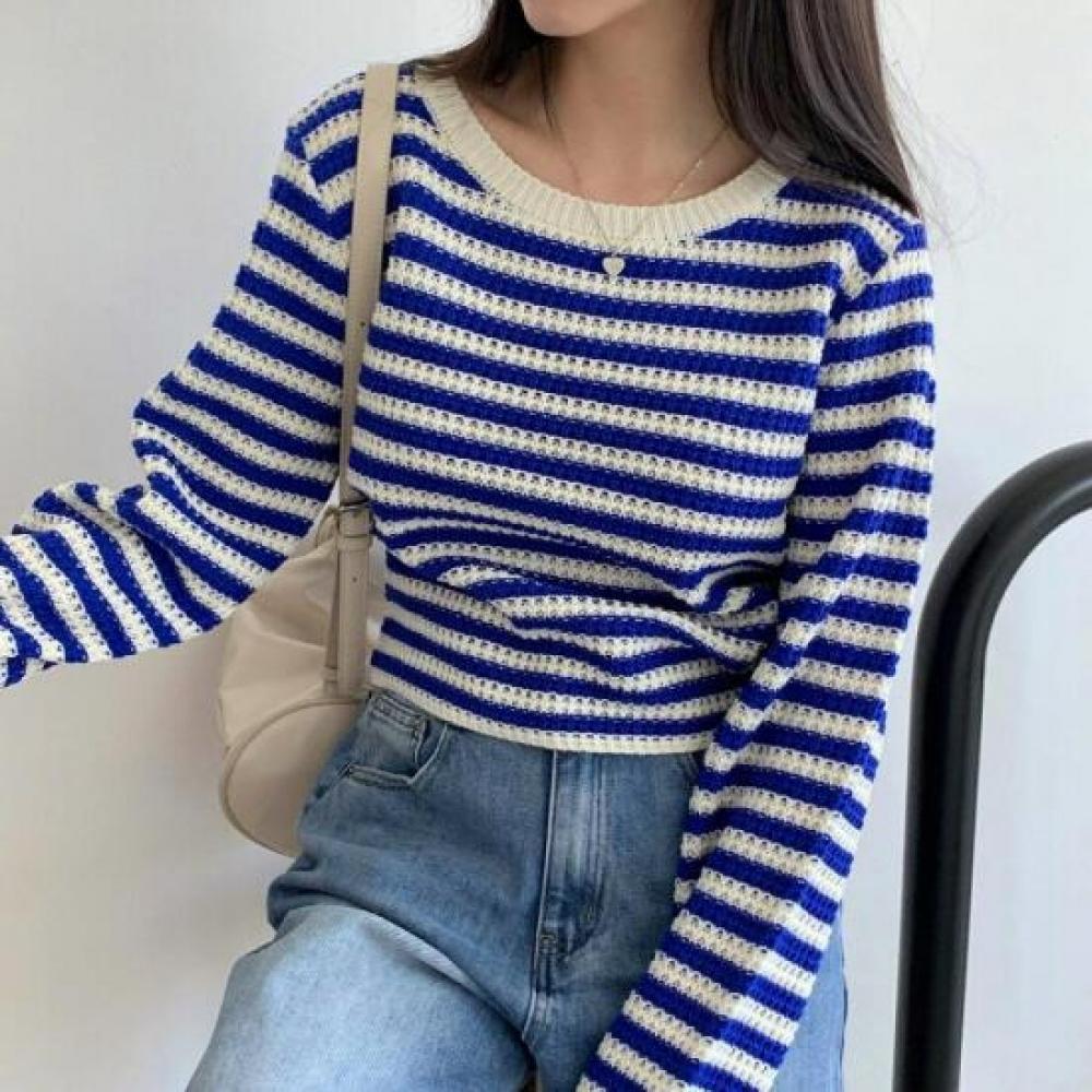New Arrivals Open Run Round Neck Crop Knit For Short Girls Waffle Stripe