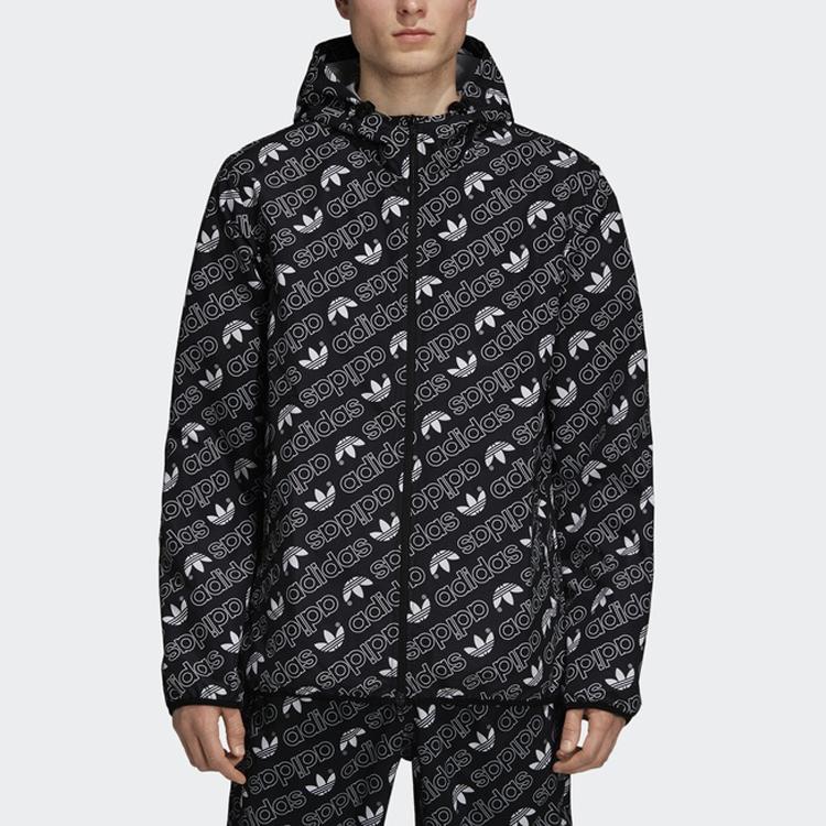 Adidas Originals Trefoil All-Over Print Sports Casual Hooded Windbreaker Jacket Men Outerwear Black DH4796