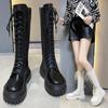 Fashion Women Knee High Boots Thick Sole Punk Style Women Motorcycle Boots Retro Square Heel Lace Up Women Boots Black White Botas Mujer