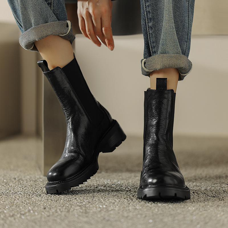 Krazing Pot Осенне-зимняя обувь из коровьей кожи с круглым носком на платформе, большие размеры, базовая одежда, ботинки челси без шнуровки на толстом среднем каблуке, женские ботильоны