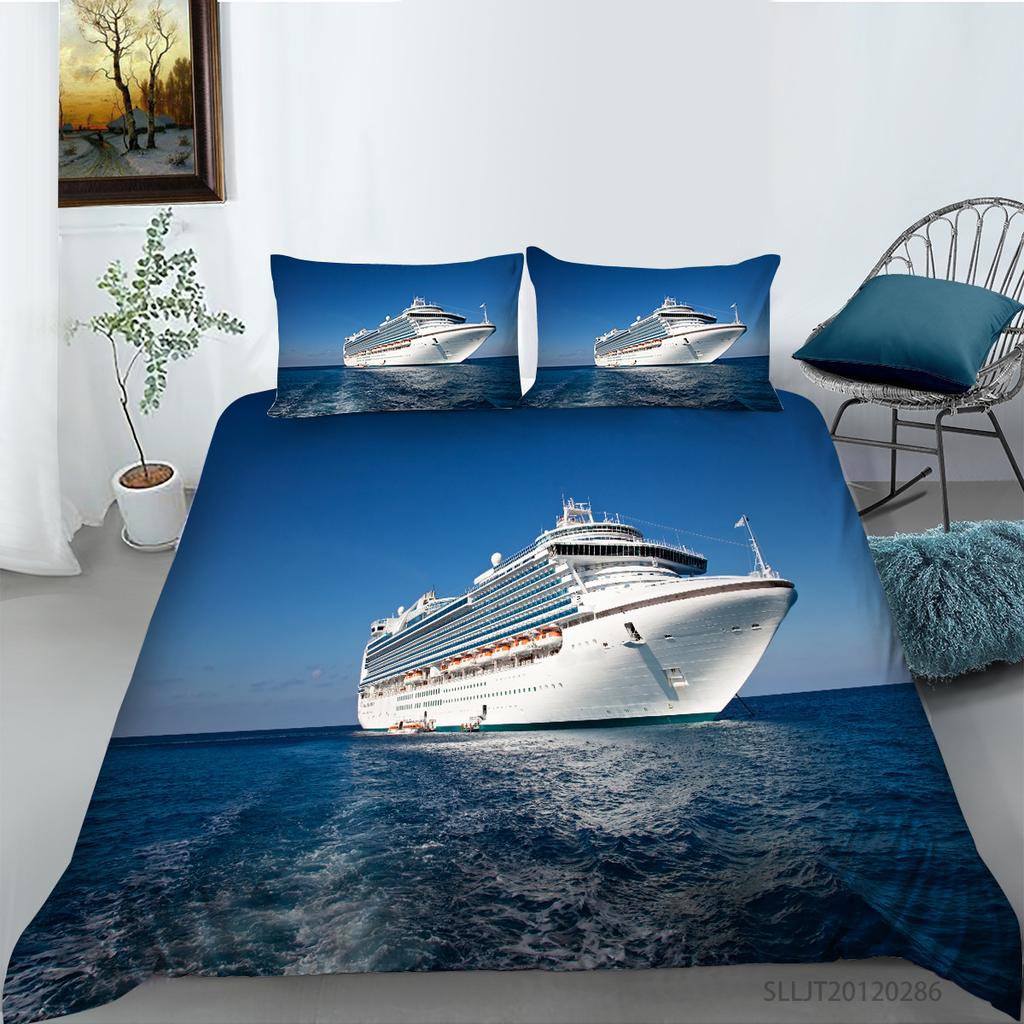 3D Ship Duvet Cover Set King Queen Size Large Freighter Container Print Bedding Set Blue Sea 2/3pcs Polyester Comforter Cover