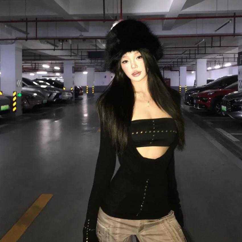 VAYLA Y2k Панк Топ из двух частей Необычный топ с заклепками + Безрукавная майка Уличная одежда Американский Ретро 90-е Черный Топ Футболка E-girls