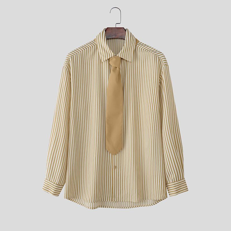 INCERUN S-5XL Men Turn-down Collar Tie Long Sleeve Striped Casual College Style Shirts