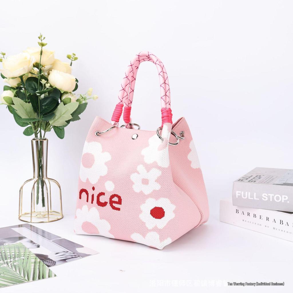 Korean-Style Cute Handbag with Magnetic Buckle, Large Capacity, Casual Woven Knit Bucket Bag for Work and Commute