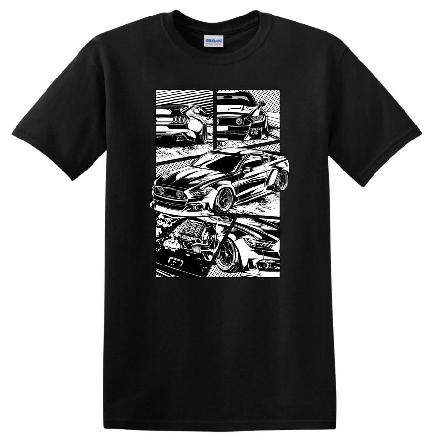Car Graphic T Shirt Classic Mustang Auto Art Engine Design Black White Tee
