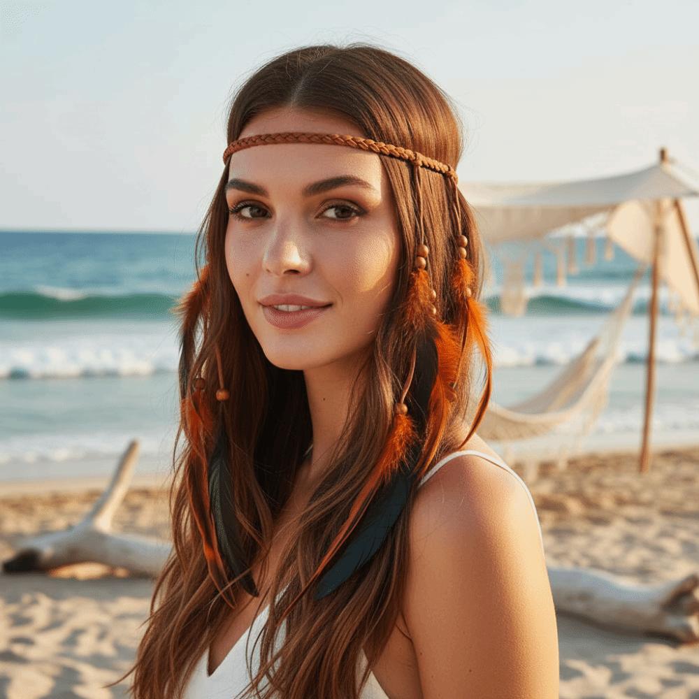 Braided Cord Bohemian Tassel Headband Tribal Feather Hair Extensions Western Cowgirl Outfit