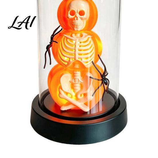 Skeleton Pumpkin Display Halloween Cloche Lamp Lighted Stacking Skull in Clear Decorative with Witch Hat Dome for Tabletop Mantel Party Decor