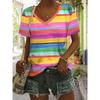Vintage Women Striped Print T Shirt Short Sleeve V Neck Tops Comfortable T-shirts