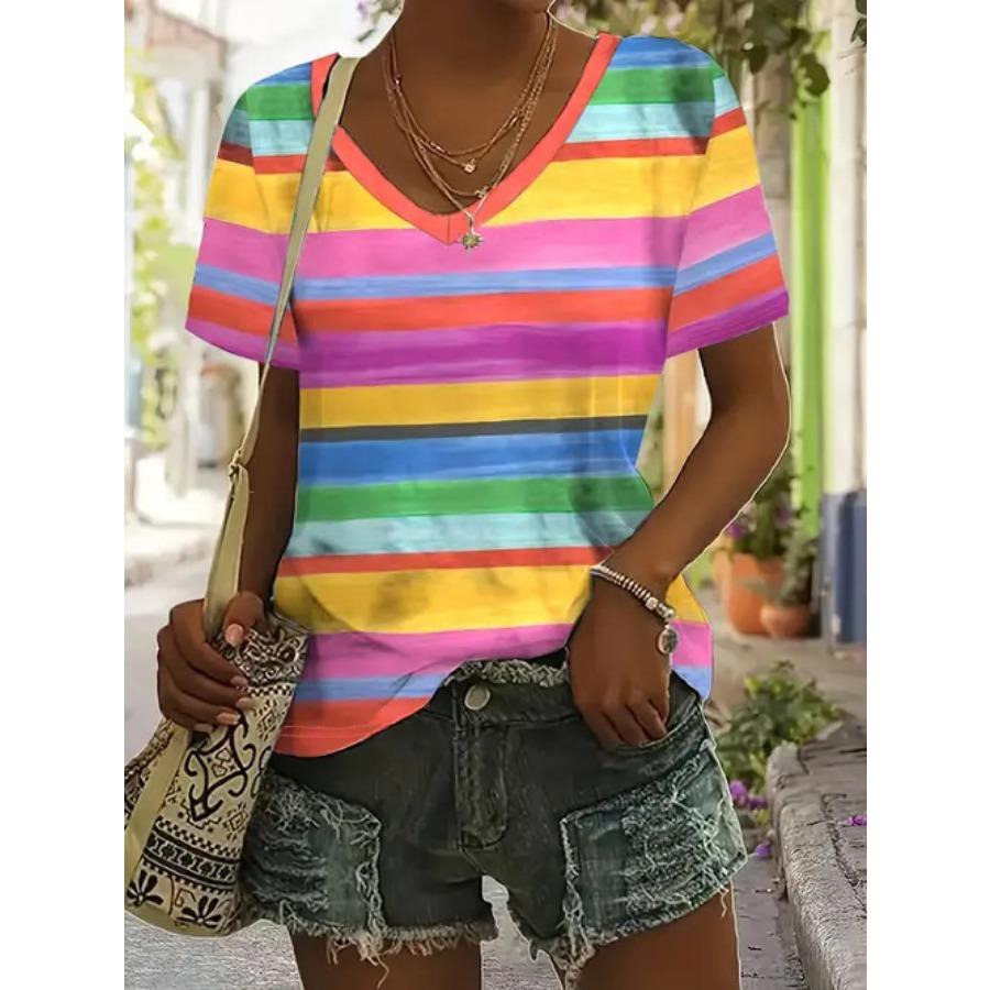 Vintage Women Striped Print T Shirt Short Sleeve V Neck Tops Comfortable T-shirts